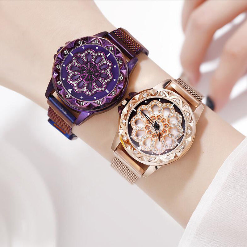 Rotate Dial Women Watch Mesh Magnet Starry Sky Ladies