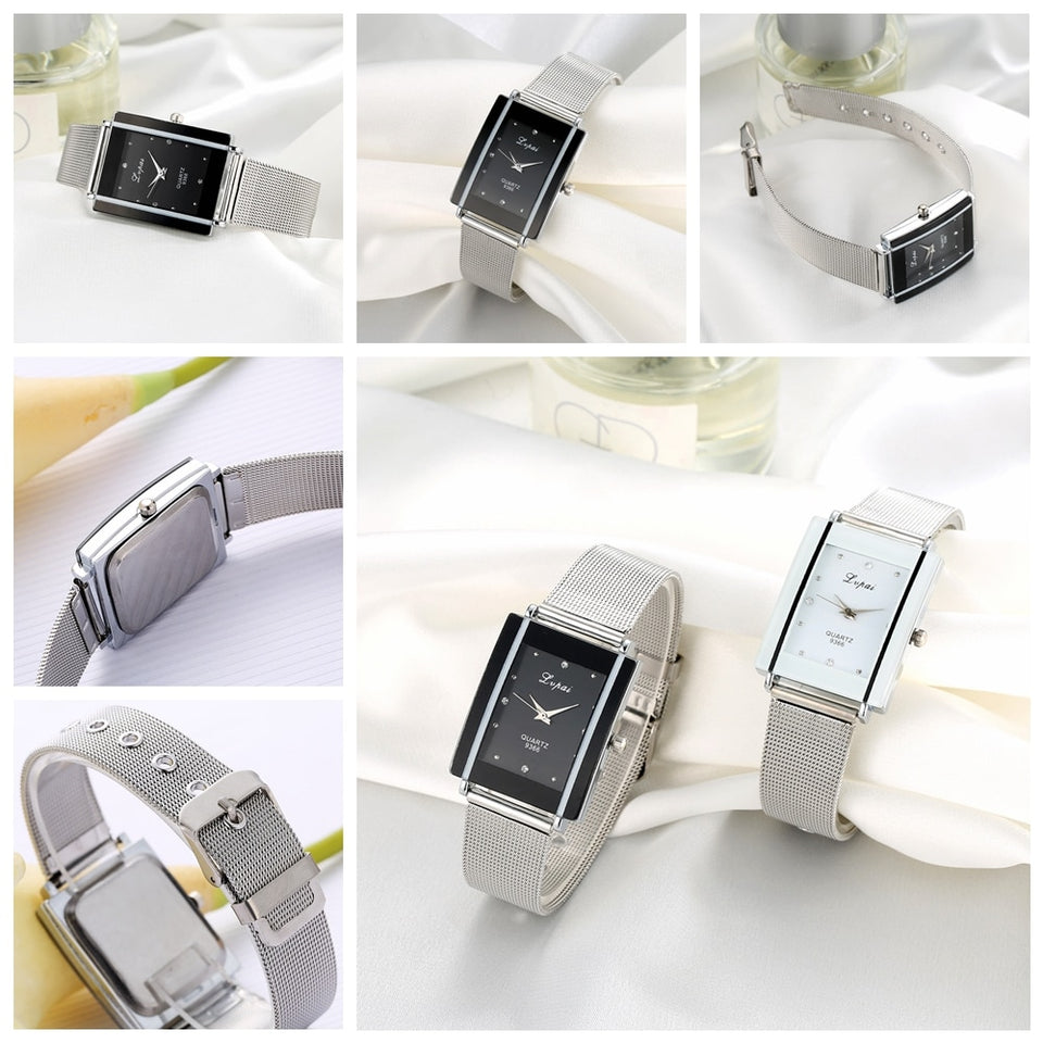 Women Bracelet Watch Silver Square Luxury Crystal Alloy WristWatches